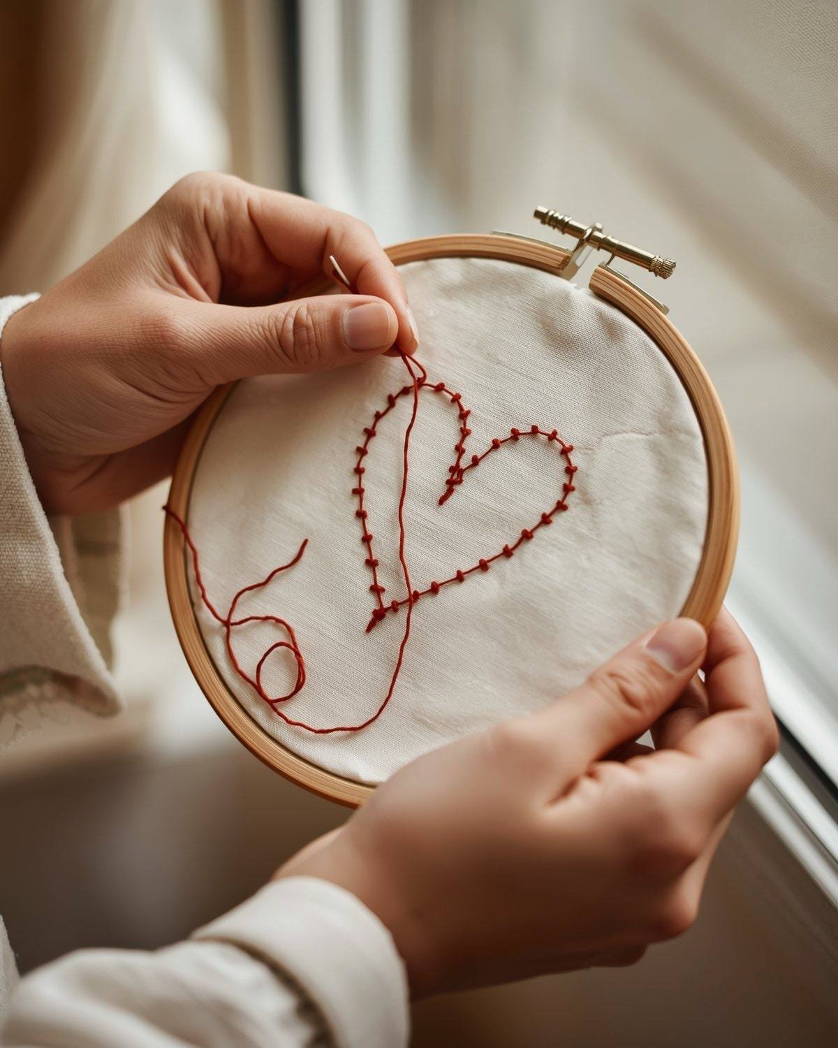 Close-up of hands pulling red thread through aida fabric in a wooden hoop