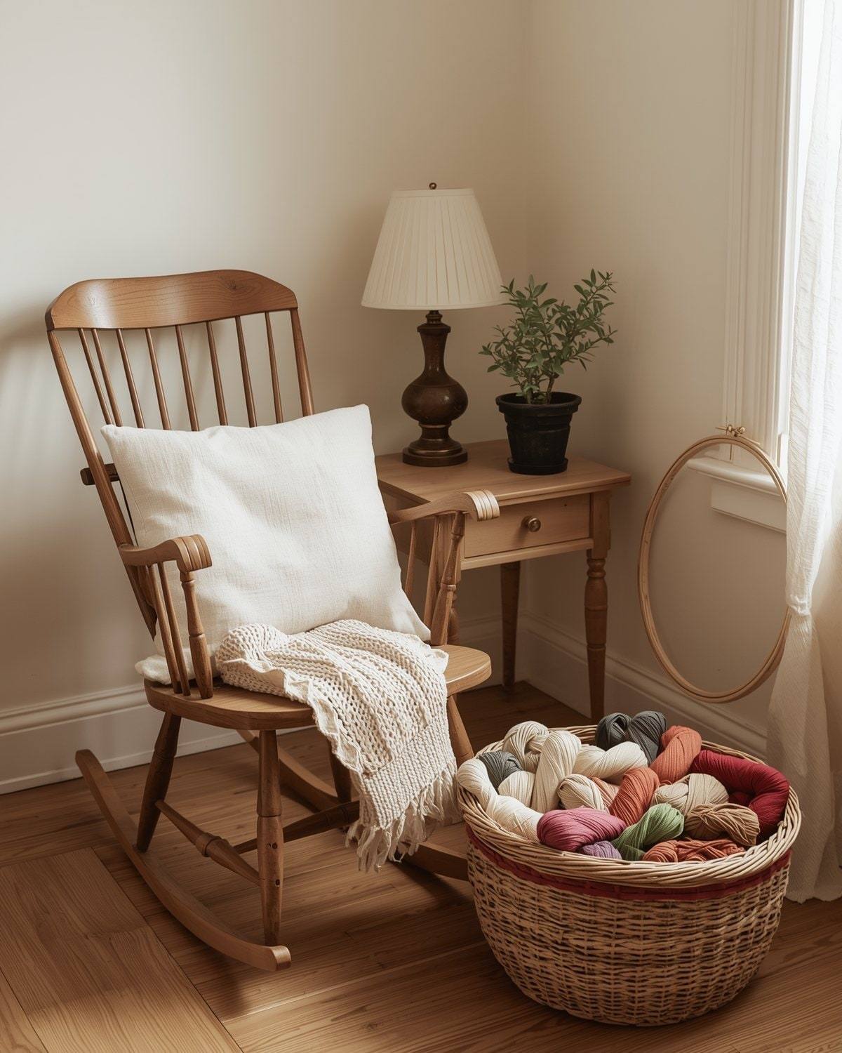 An empty rocking chair beside a wicker basket full of embroidery floss in a sunny stitching corner