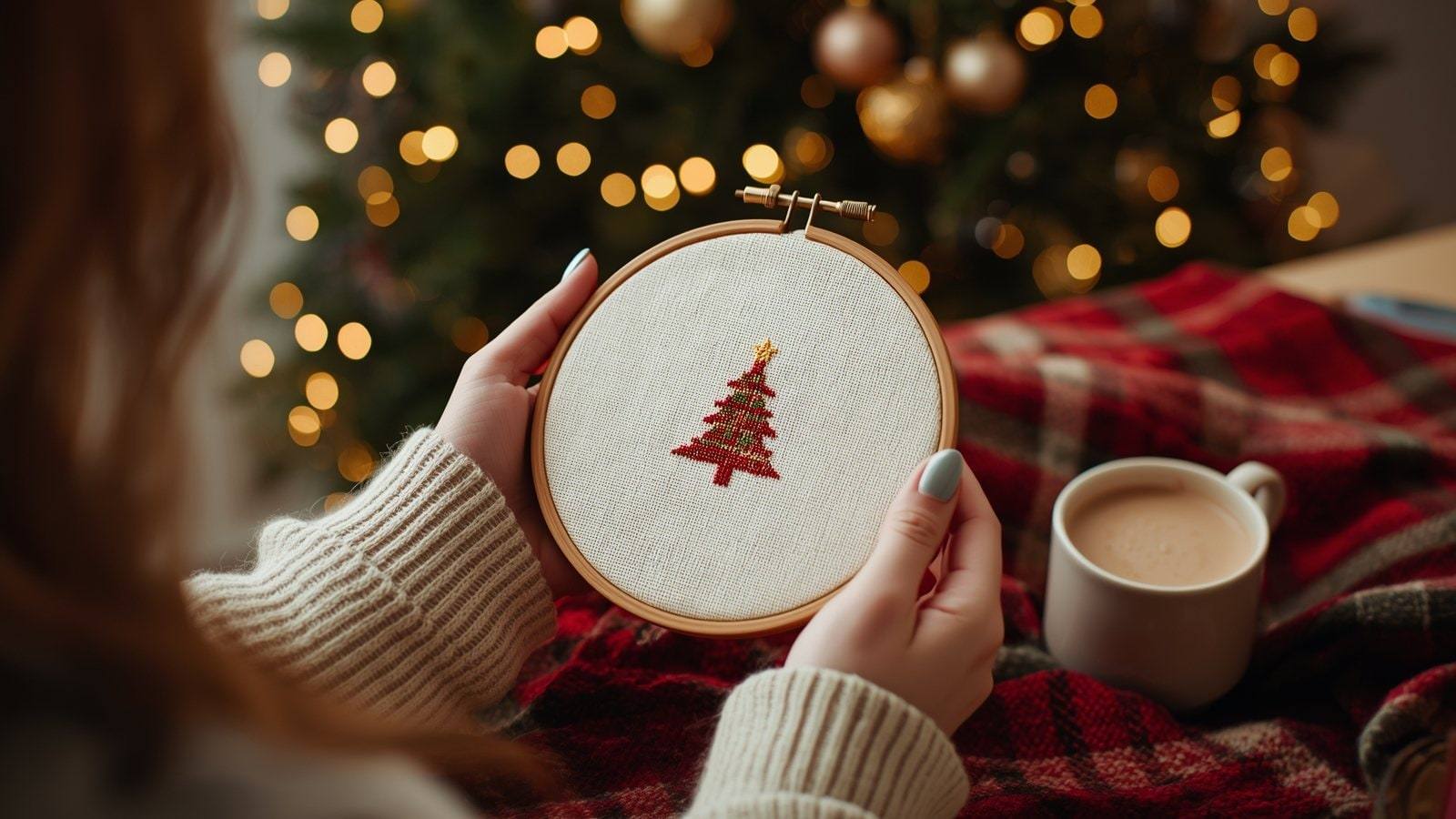 Hands holding a Christmas cross stitch hoop in front of glowing Christmas tree lights
