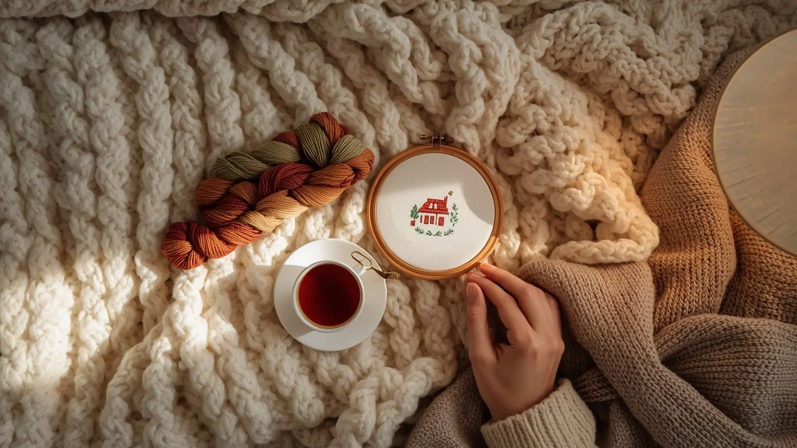 A cross stitch hoop, embroidery floss skeins and a cup of tea arranged on a cream knitted blanket