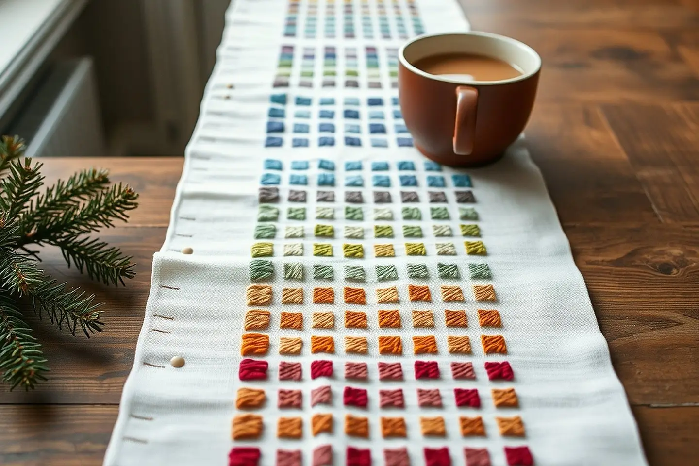 A long strip of white aida with rows of small stitched blocks graded from icy blue through green and yellow to warm red, beside a mug of cocoa and a pine sprig
