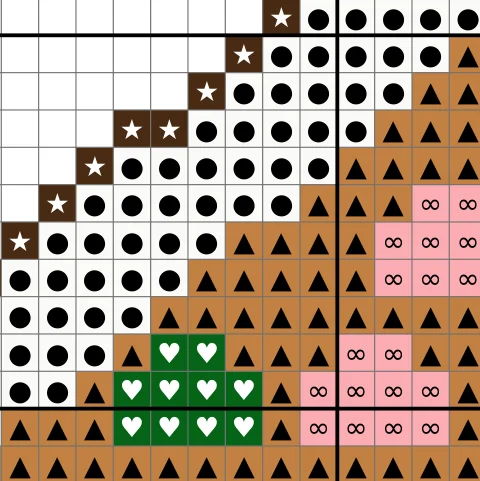 Close-up of a large print cross stitch chart with bigger colored squares and bold symbols
